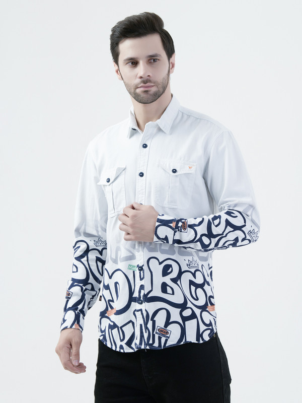 Albion Mens Blue Print Shirt Full Sleeve