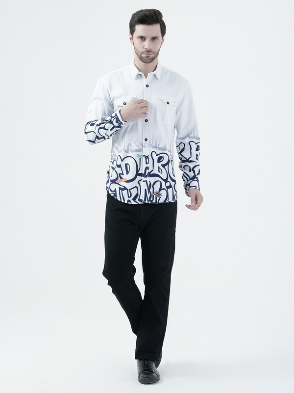 Albion Mens Blue Print Shirt Full Sleeve