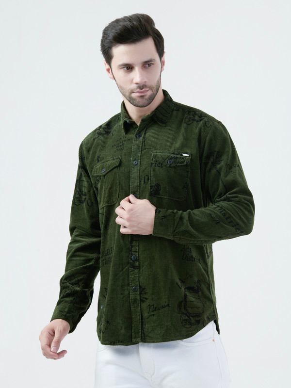 Albion Mens Green Print Shirt Full Sleeve