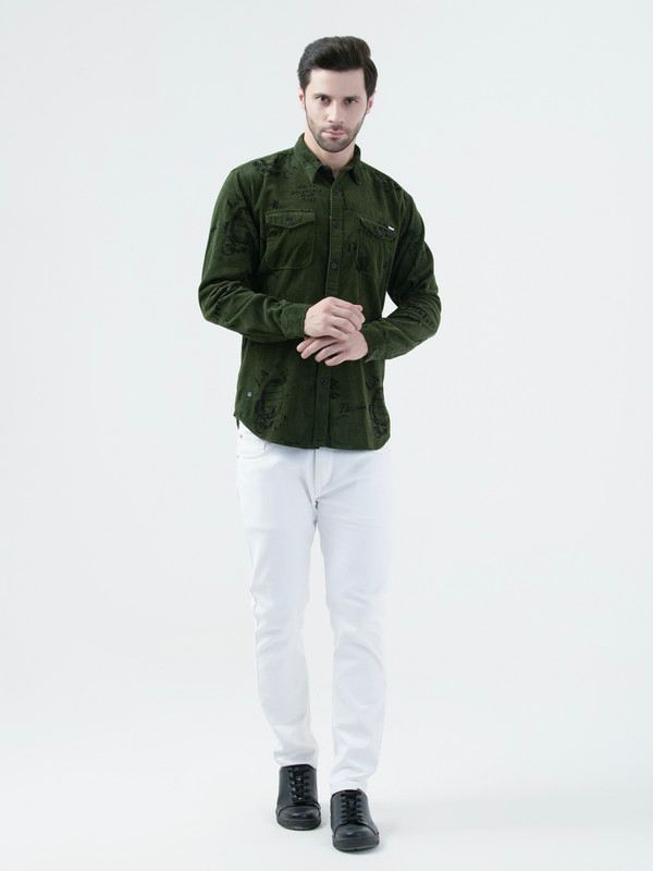Albion Mens Green Print Shirt Full Sleeve