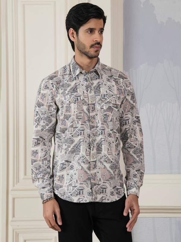 ALBION MENS ECOHAWK KHAKI PRINT SHIRT