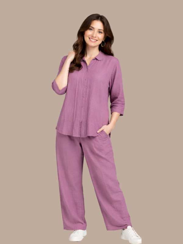 Albion Mauve Pink Lace Detail Co-Ord Set for Women | Premium Shirt & Wide Leg Pant Set | Elegant Stylish Outfit