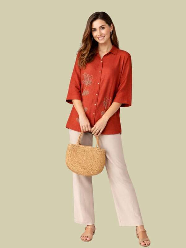 Albion Rust Embroidered Shirt & Pant Co-Ord Set for Women | Premium Loose Fit Stylish Outfit
