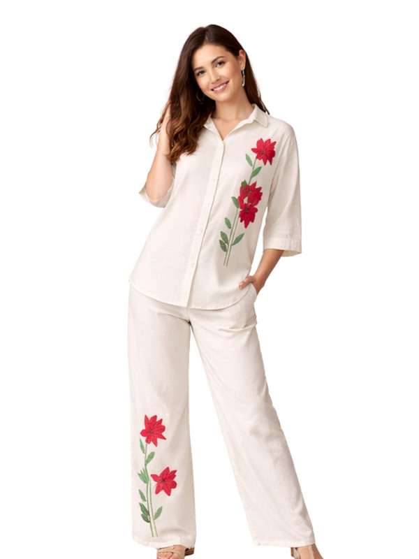 Albion Cream Embroidered Co-Ord Set for Women | Floral Shirt & Wide Leg Pant Set | Premium Elegant Outfit