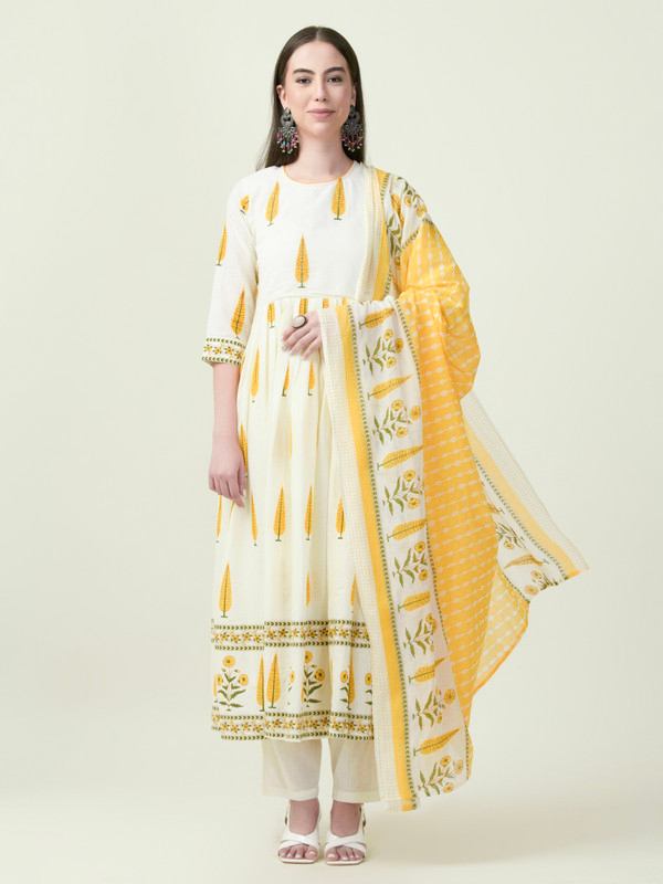 Albion Premium Ladies Knit Plus Ethnic Cream Kurti Set