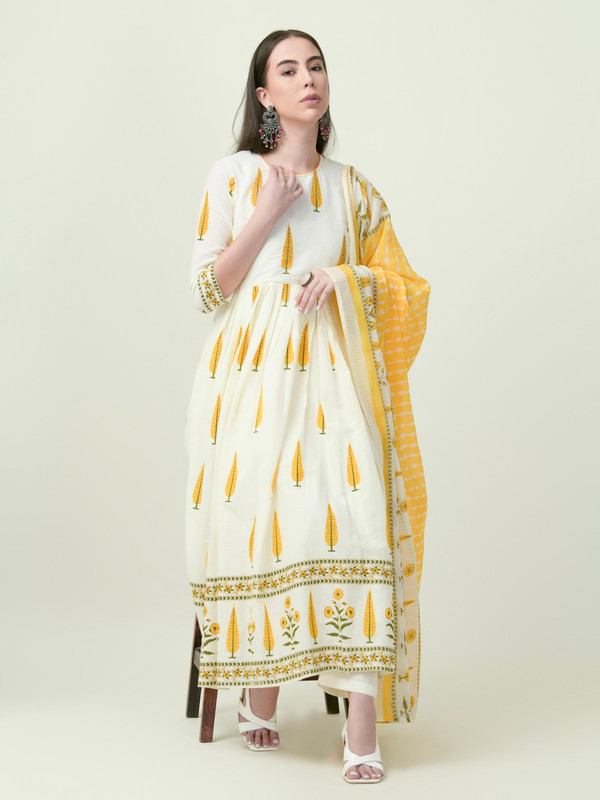 Albion Premium Ladies Knit Plus Ethnic Cream Kurti Set