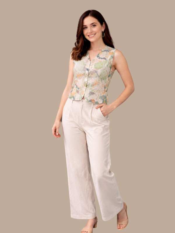 Albion Floral Printed Sleeveless Co-Ord Set for Women | Lightweight Top & Wide Leg Pant Set