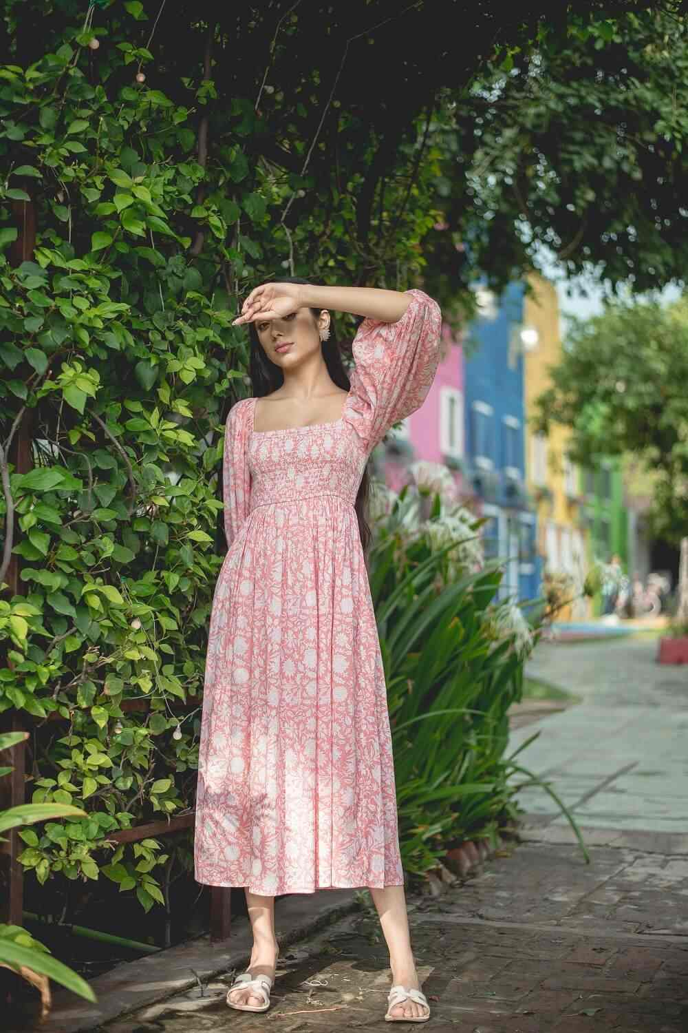 Alice18 Women's Rose Smocked Midi Dress – Effortless Charm & Grace