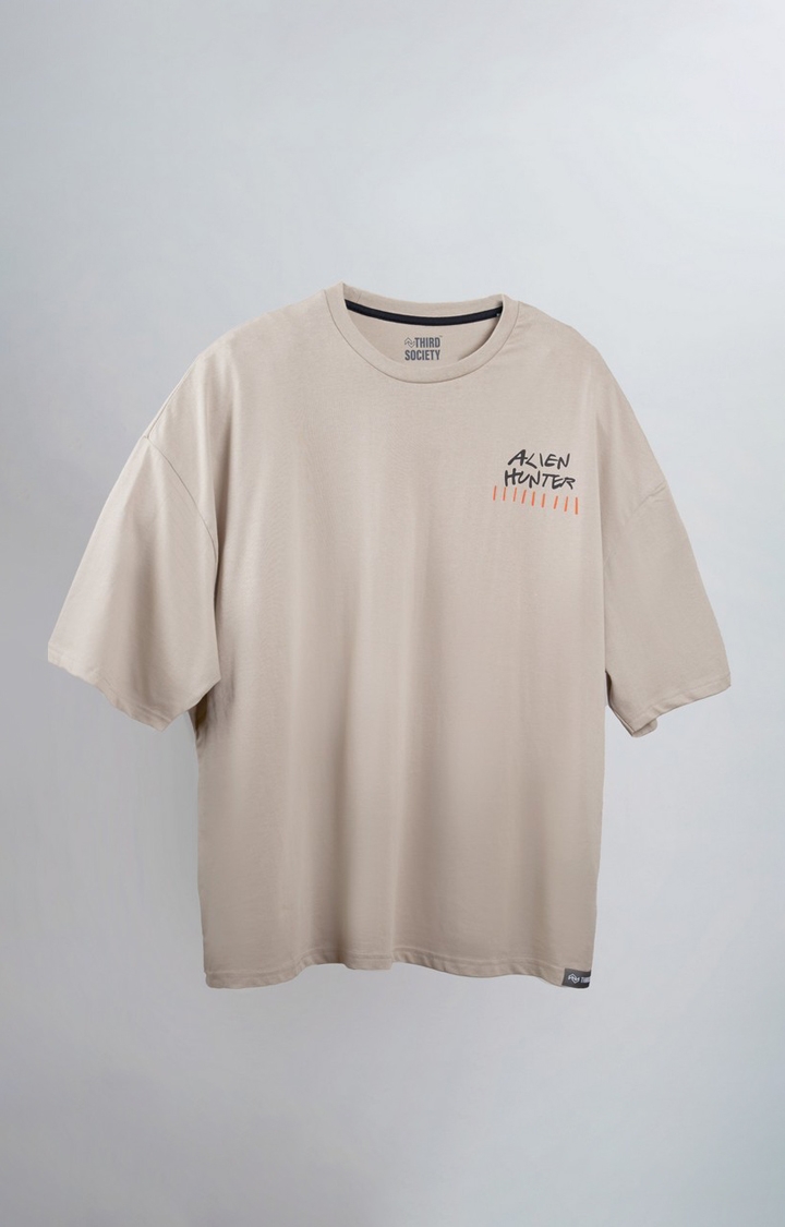 Unisex Alien Hunter Beige Printed Cotton Oversized T-Shirt