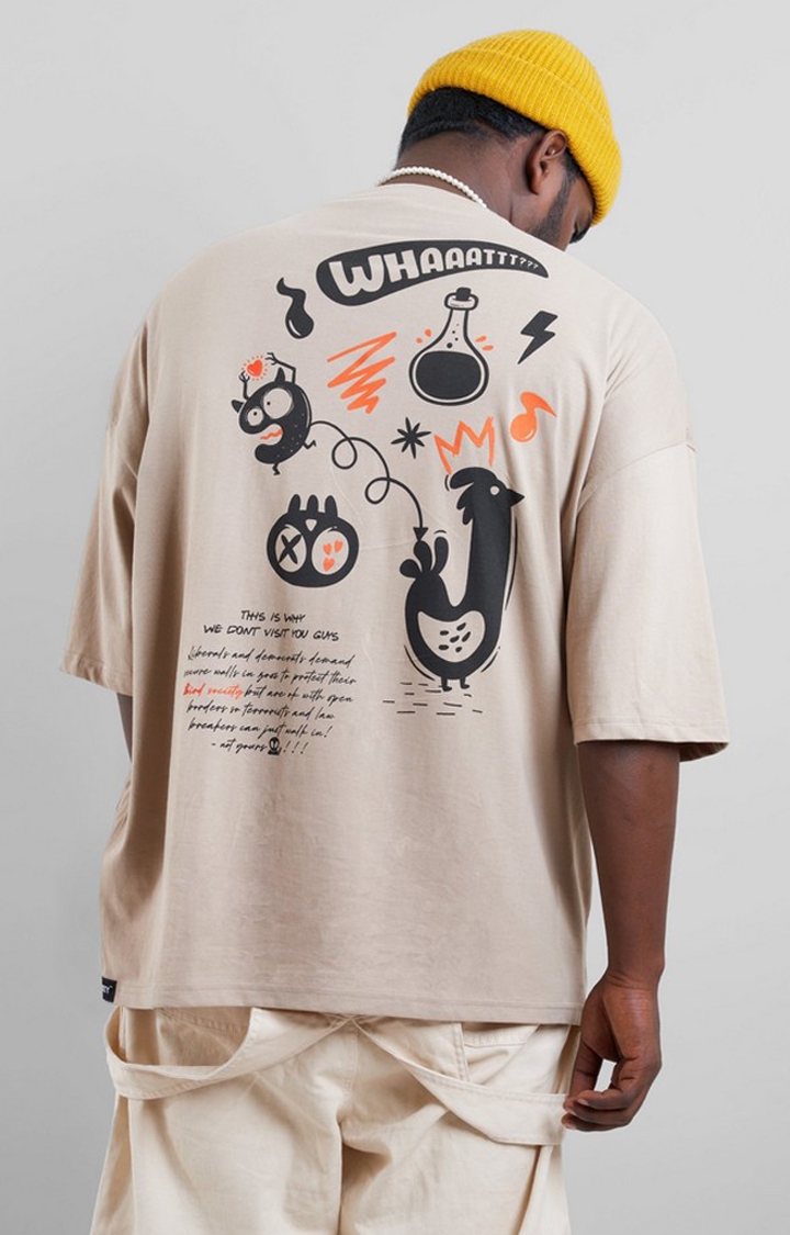 Unisex Alien Hunter Beige Printed Cotton Oversized T-Shirt