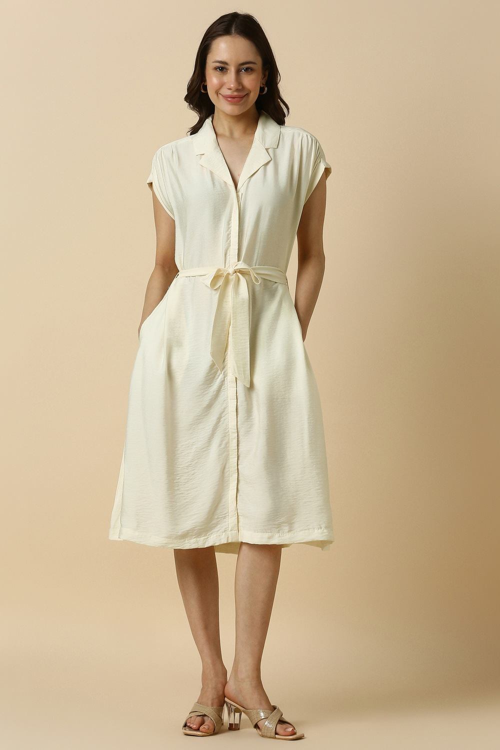 Women Beige Solid Casual Dress