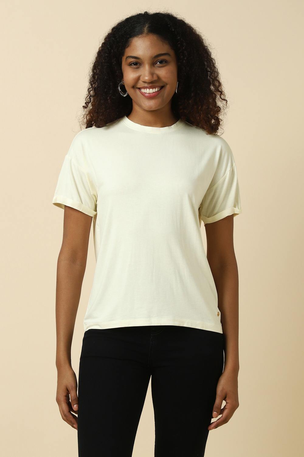Women Beige Solid Casual T-shirt