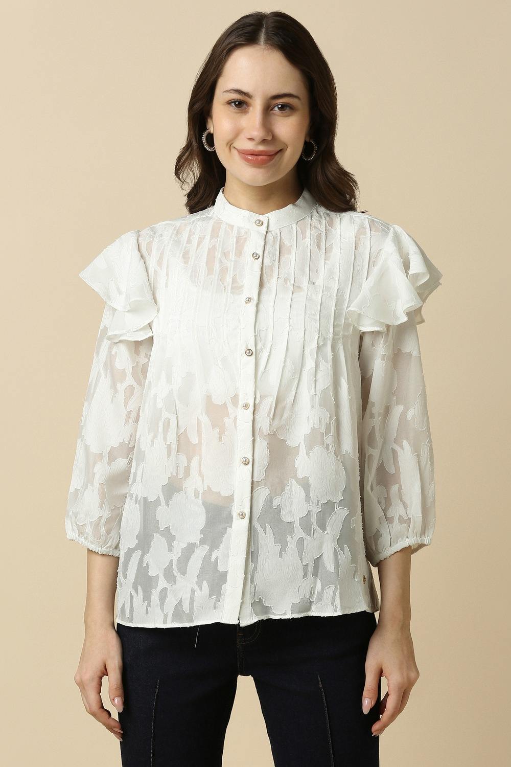 Women White Textured 3/4th Sleeves Shirt