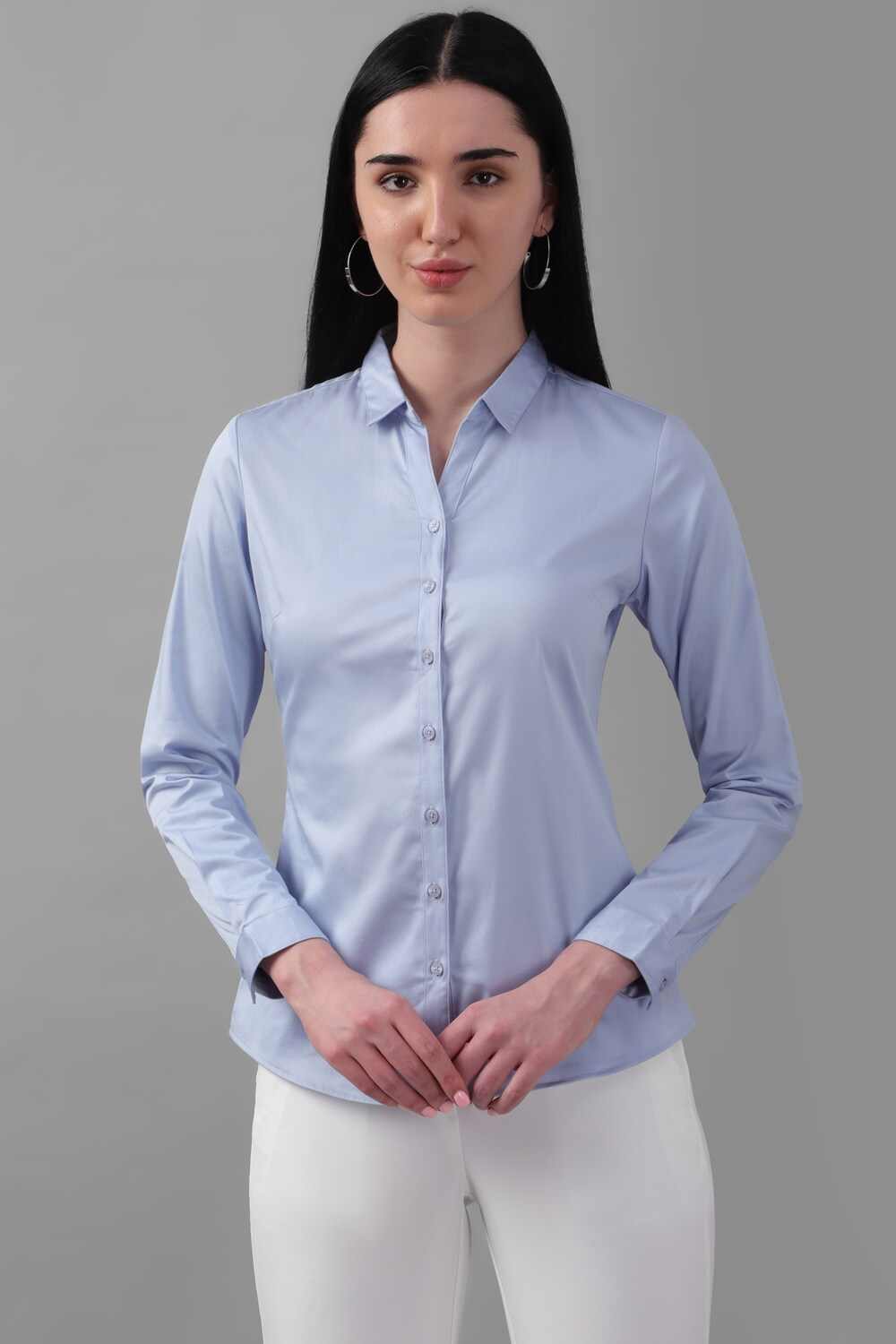 Women Blue Solid Long Sleeves Shirt