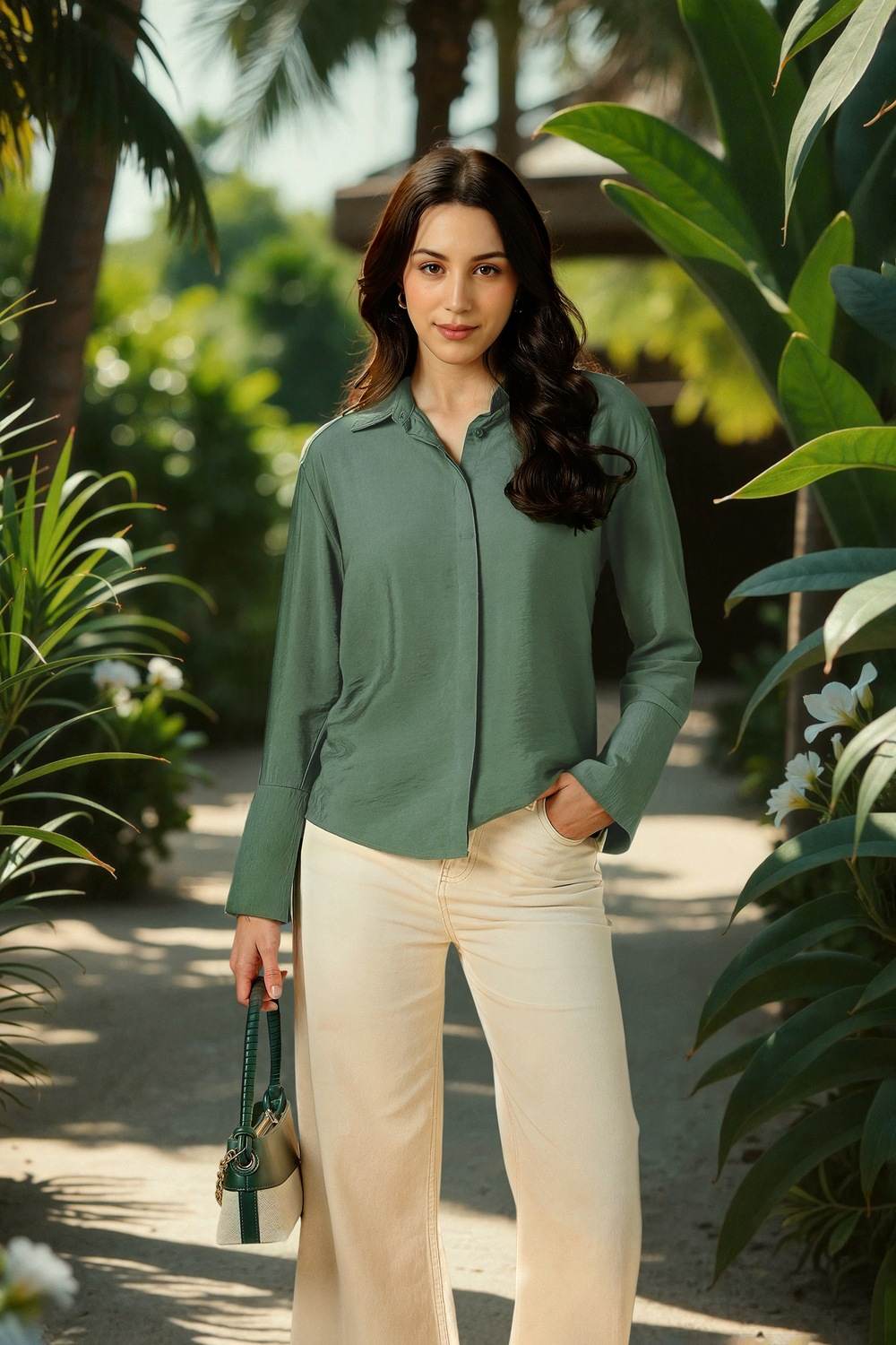 Women Green Solid Long Sleeves Shirt