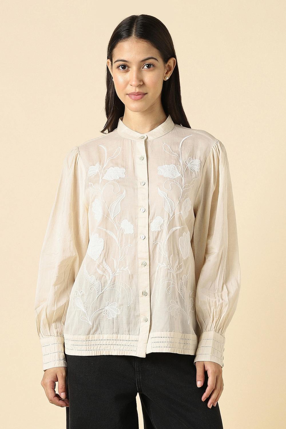 Women Beige Embroidered Long Sleeves Shirt