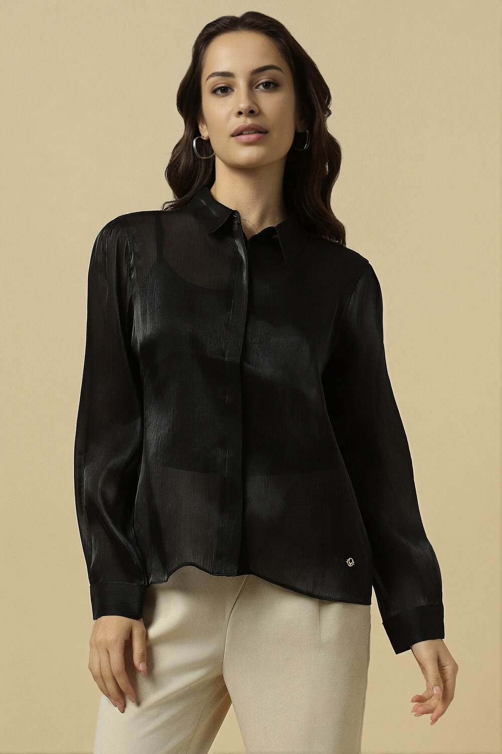 Women Black Textured Long Sleeves Shirt