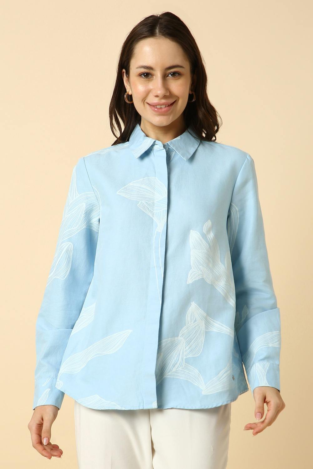Women Light Blue Printed Long Sleeves Shirt
