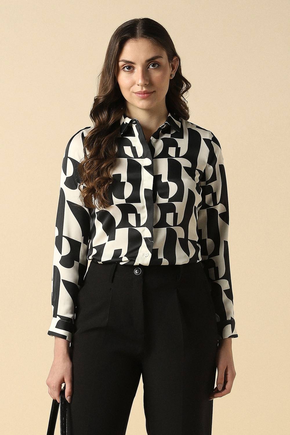 Women Beige Print Long Sleeves Shirt