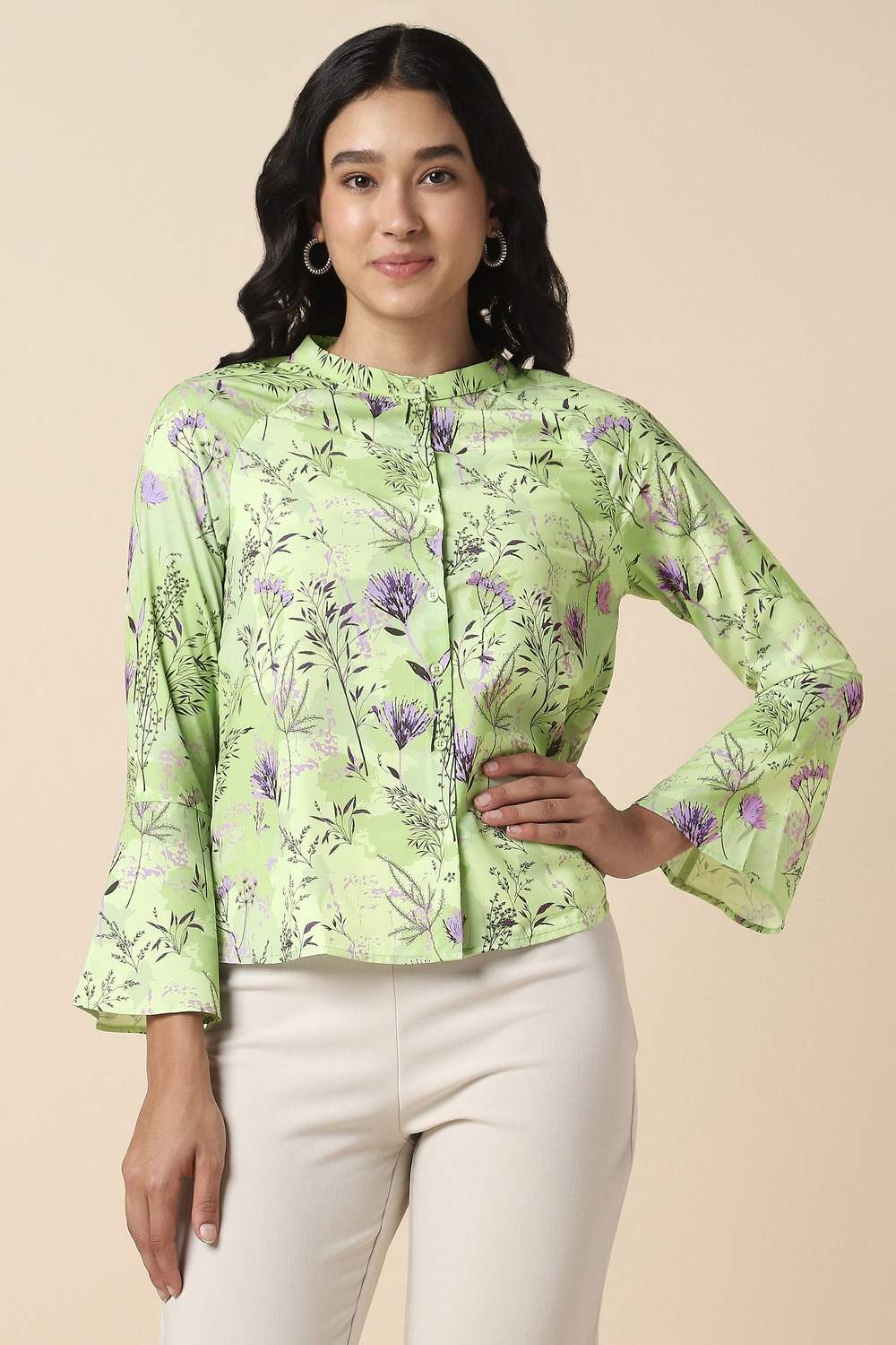 Women Green Printed Long Sleeves Shirt