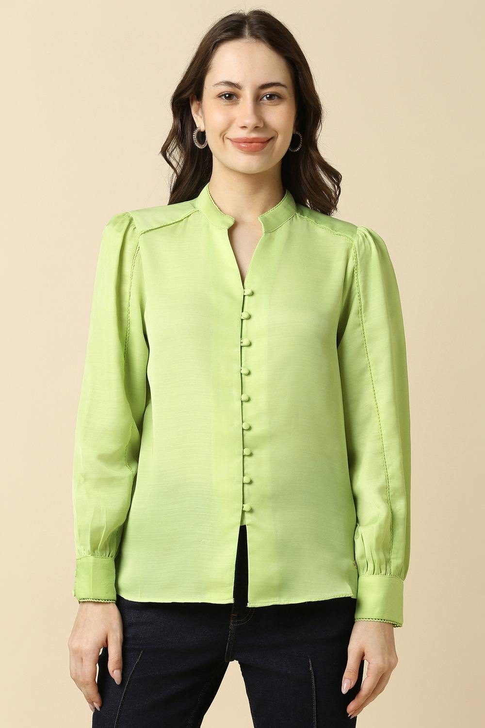 Women Green Solid Long Sleeves Shirt