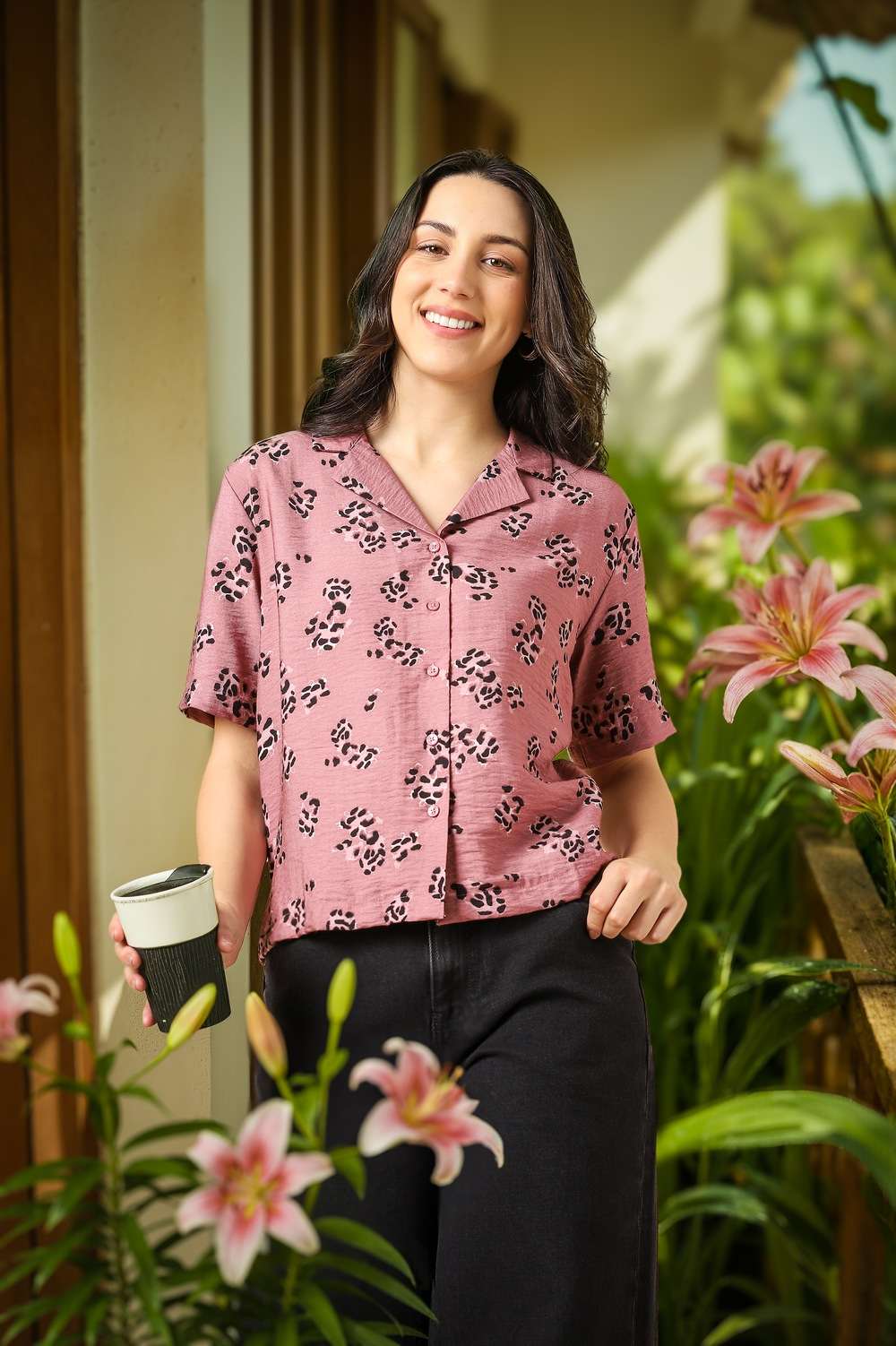 Women Pink Print Short Sleeves Shirt