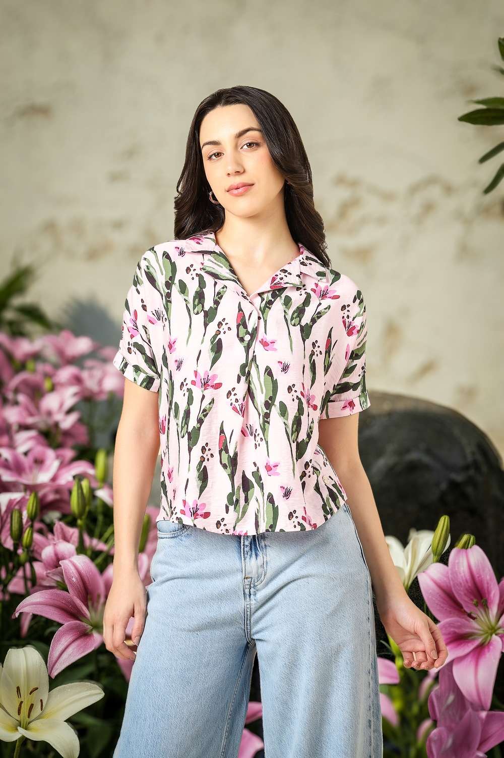 Women Pink Print Short Sleeves Shirt