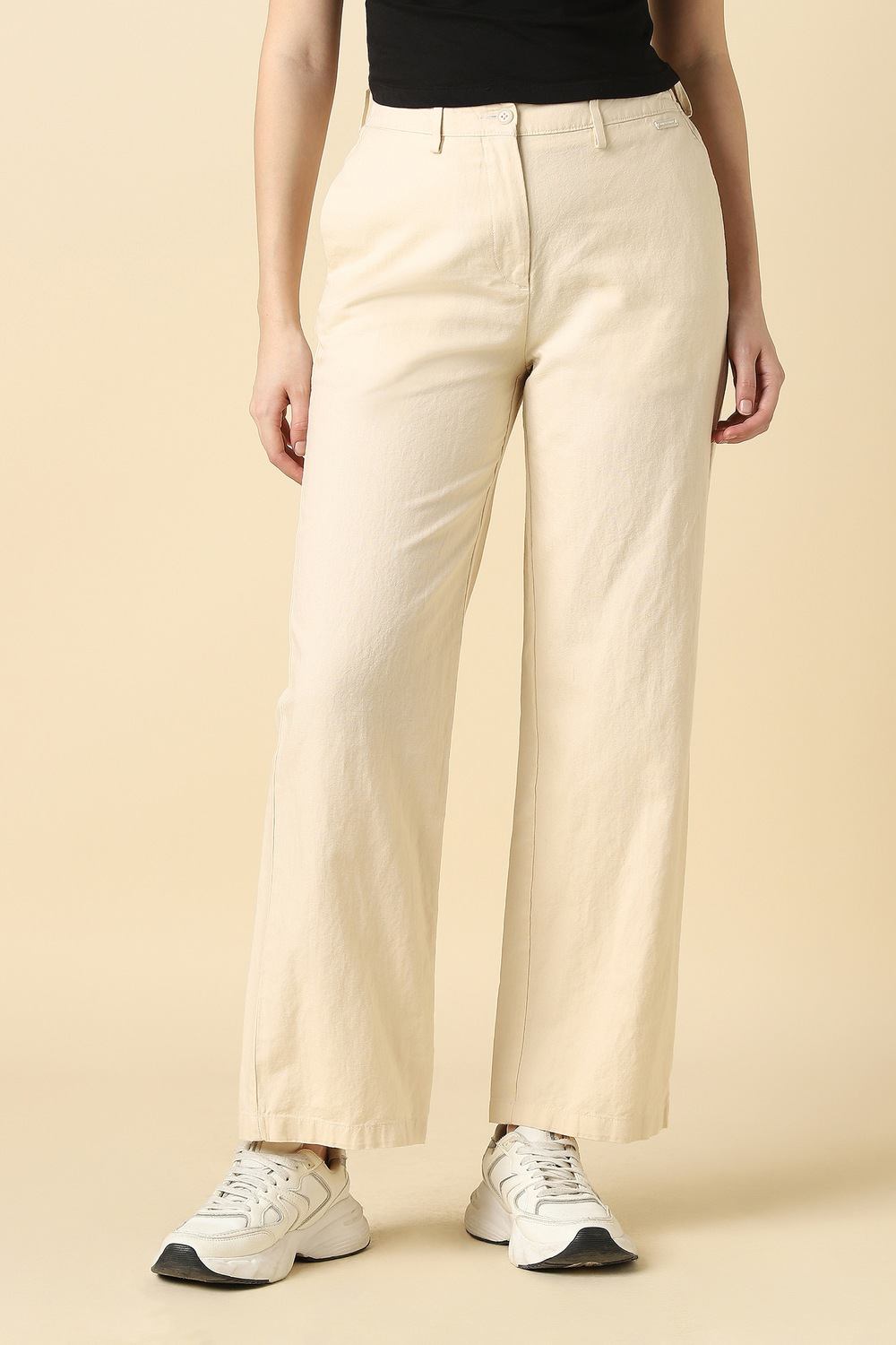 Women Beige Solid Casual Trousers