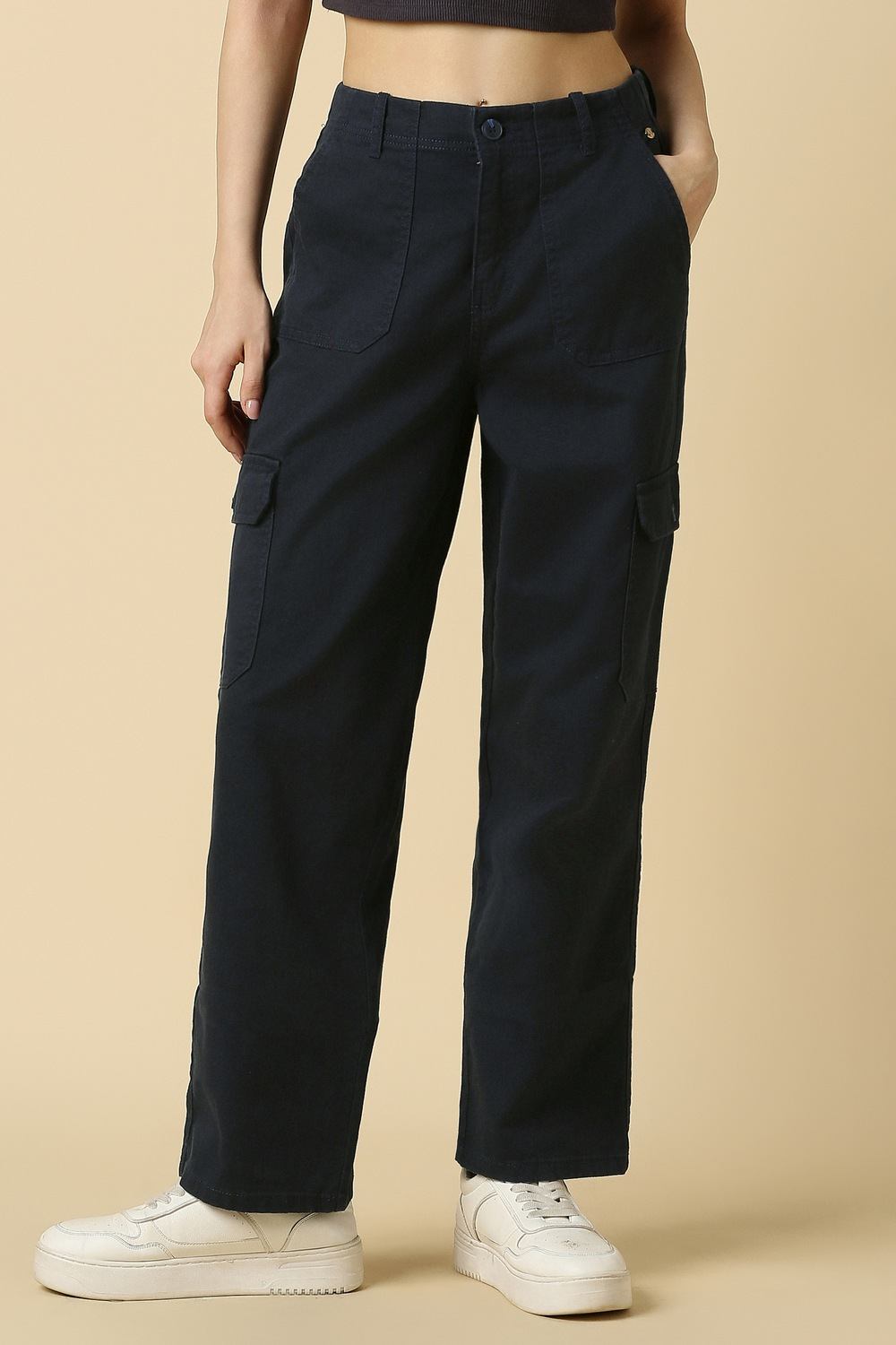 Women Navy Solid Casual Trousers