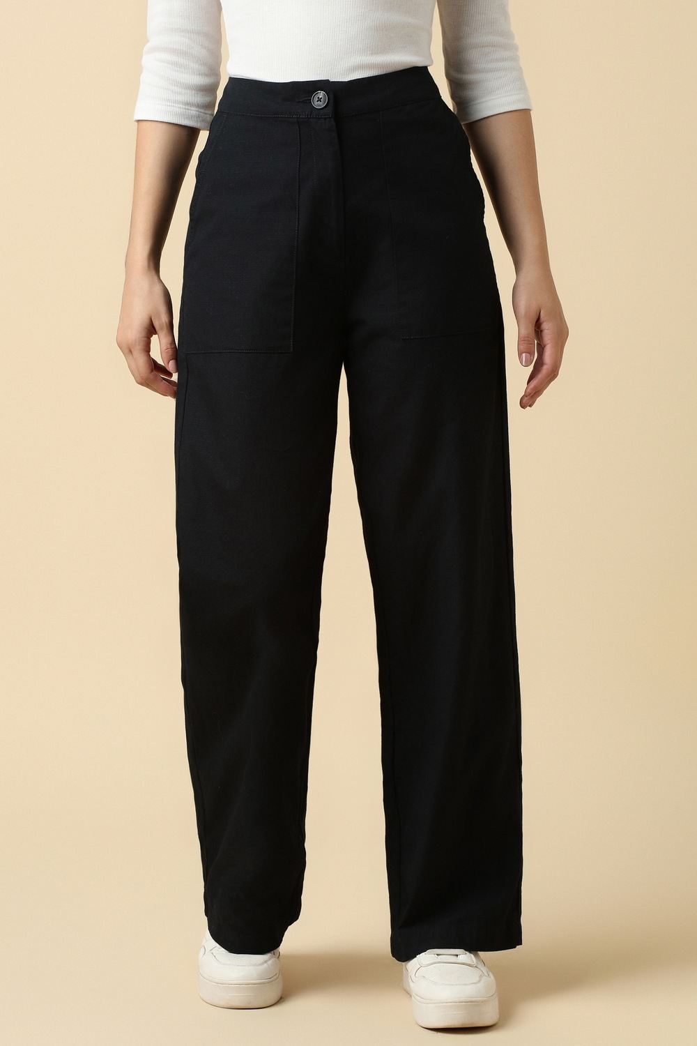 Women Black Solid Casual Trousers