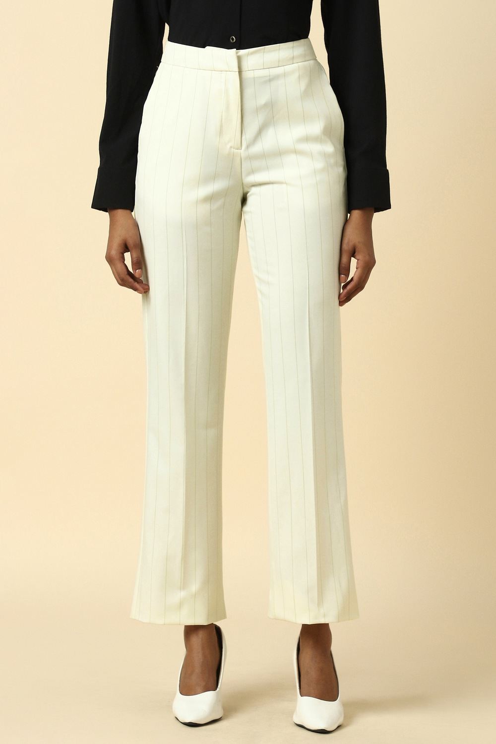 Women Beige Striped Formal Trousers
