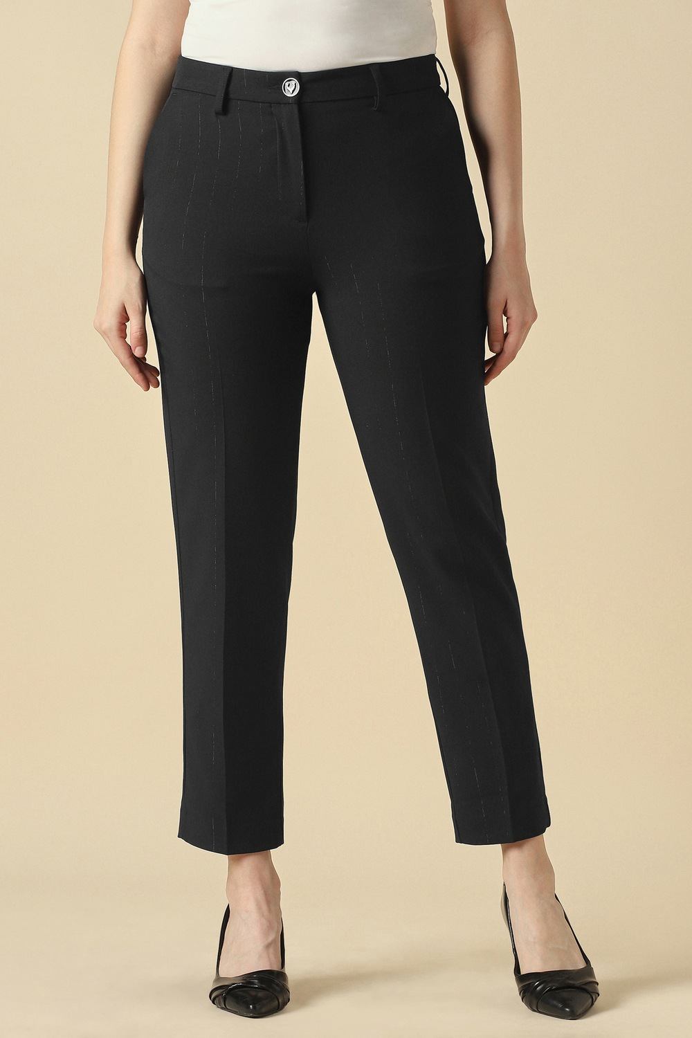 Women Black Textured Formal Trousers