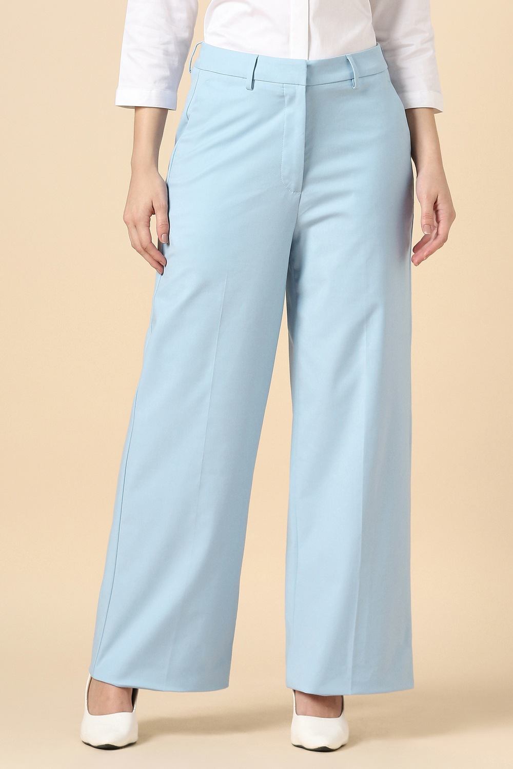 Women Light Blue Solid Formal Trousers