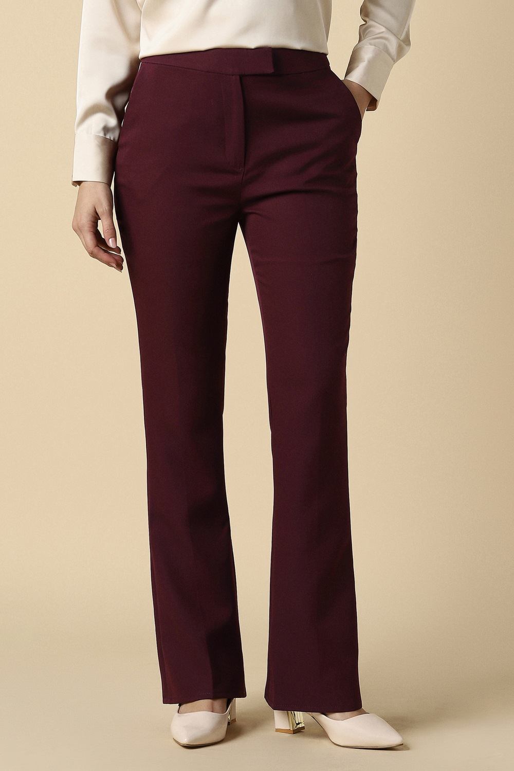 Women Maroon Solid Formal Trousers