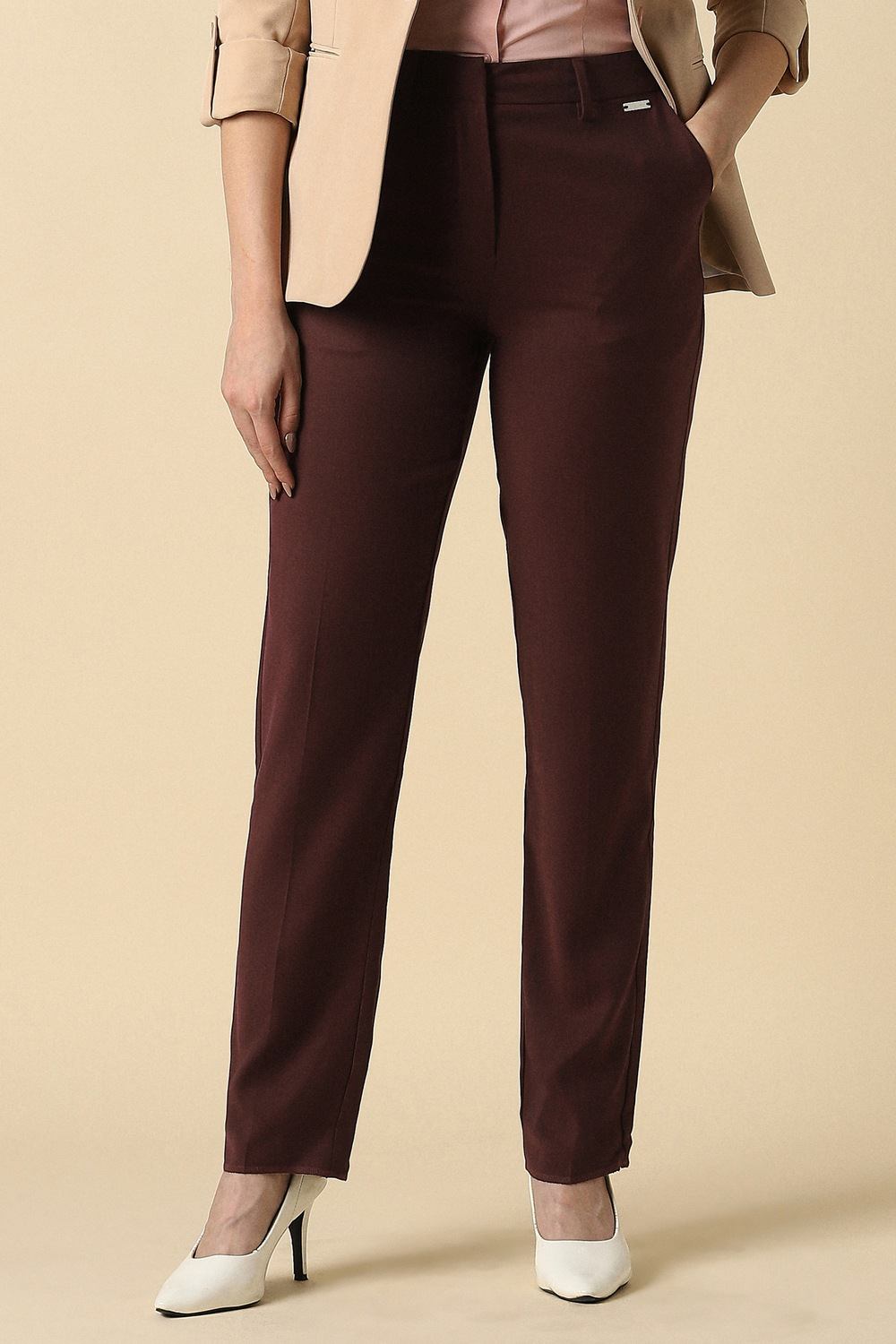 Women Maroon Textured Formal Trousers