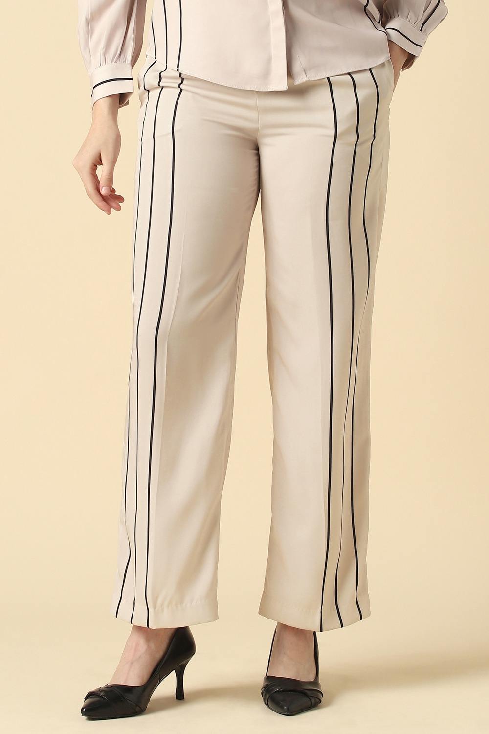 Women Beige Stripe Formal Trousers