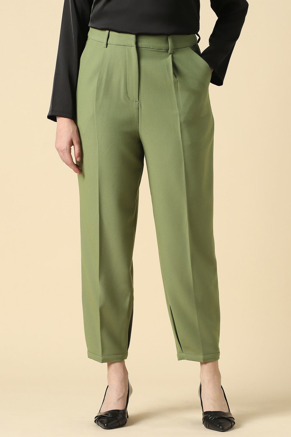 Women Olive Solid Formal Trousers