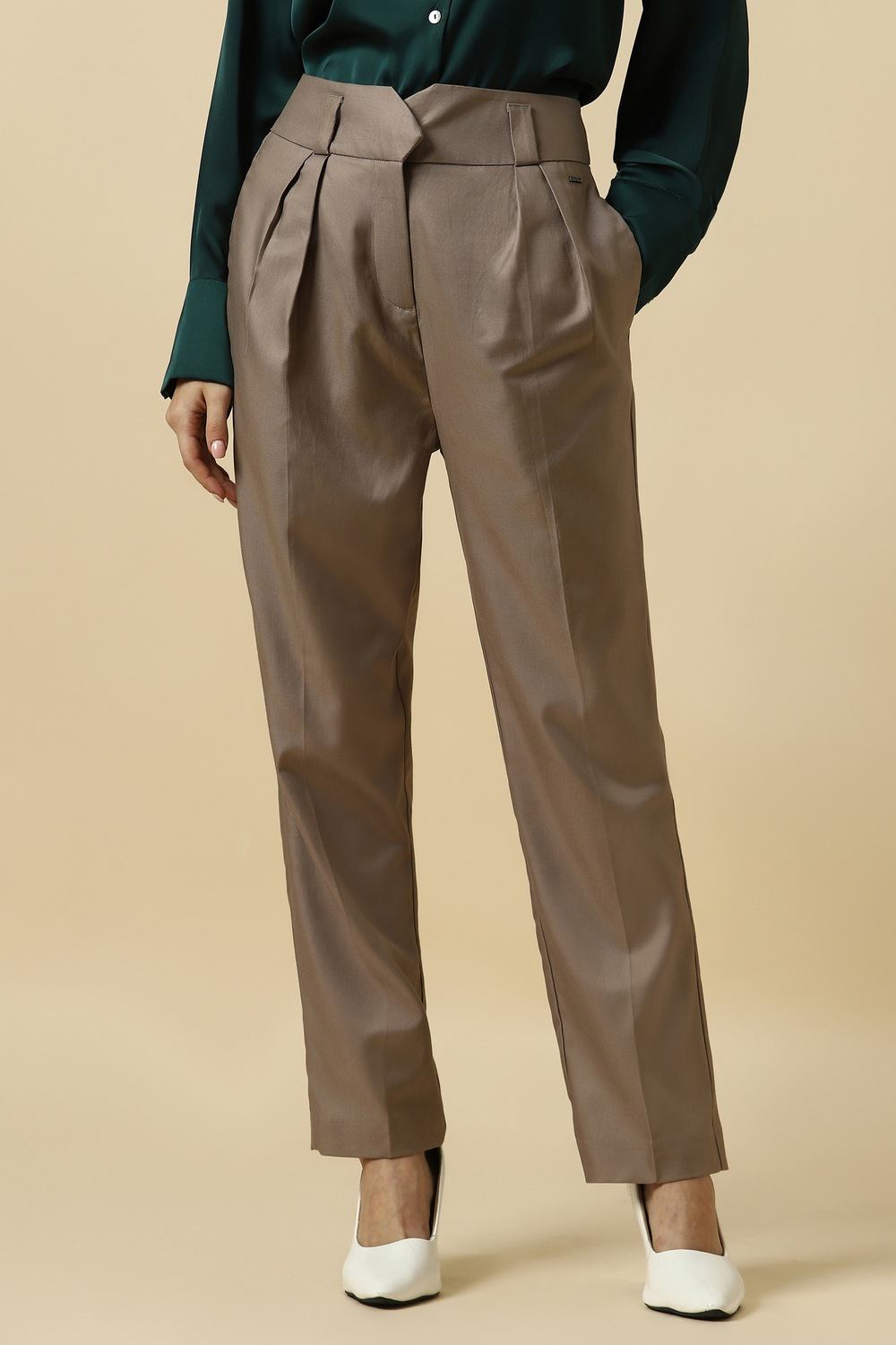 Women Brown Regular Fit Textured Formal Trousers