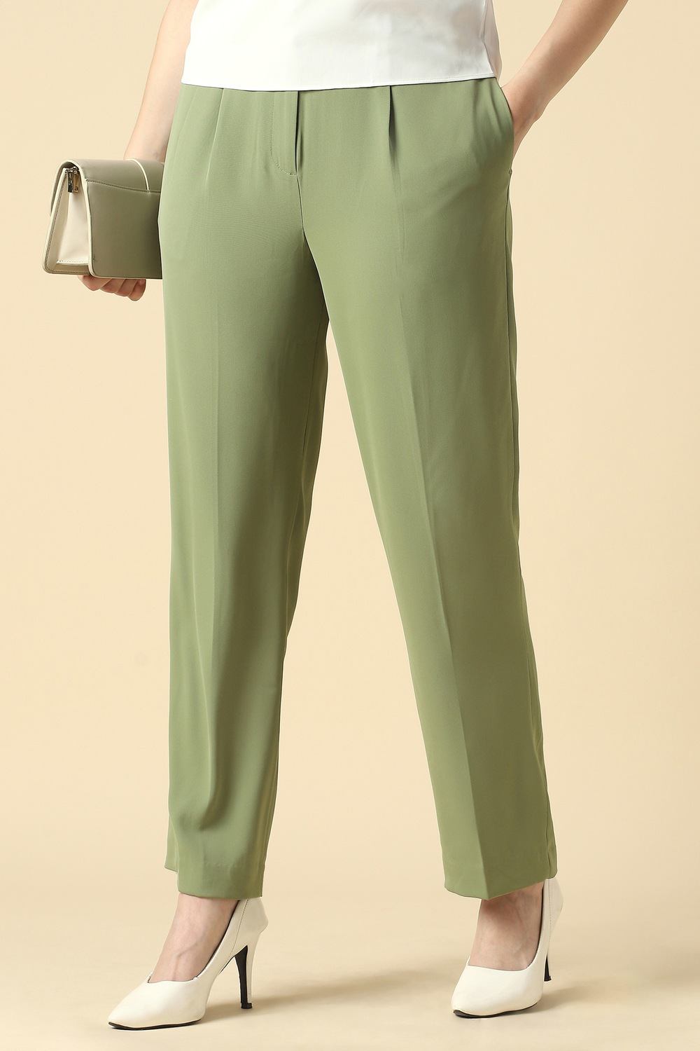 Women Olive Solid Formal Trousers