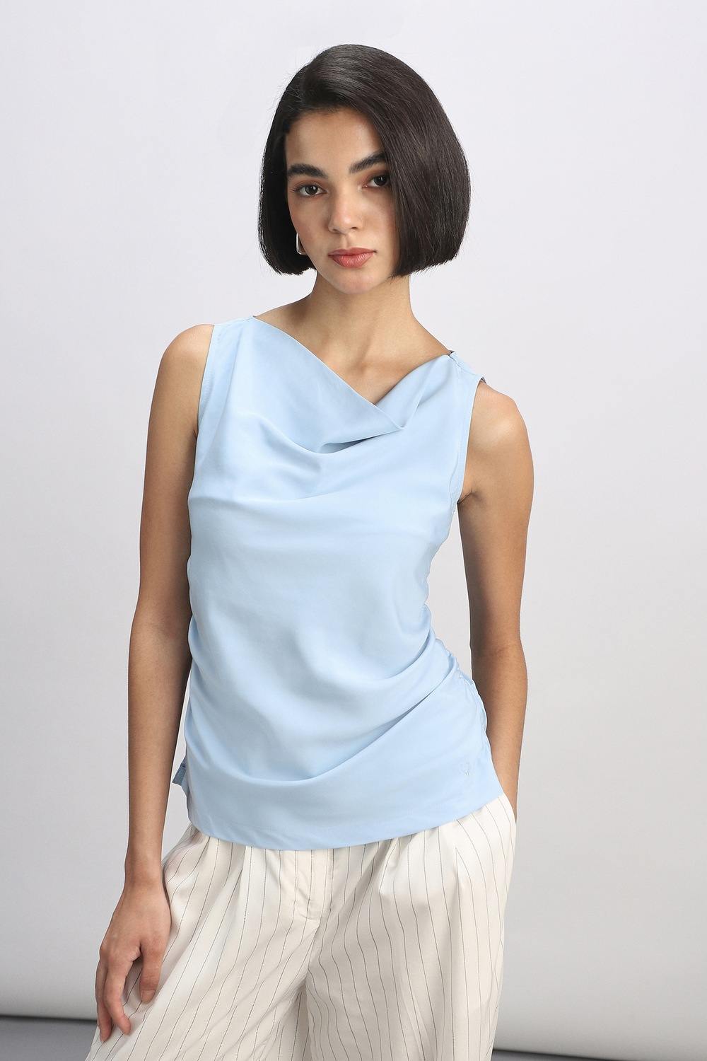 Women Light Blue Solid Casual Top