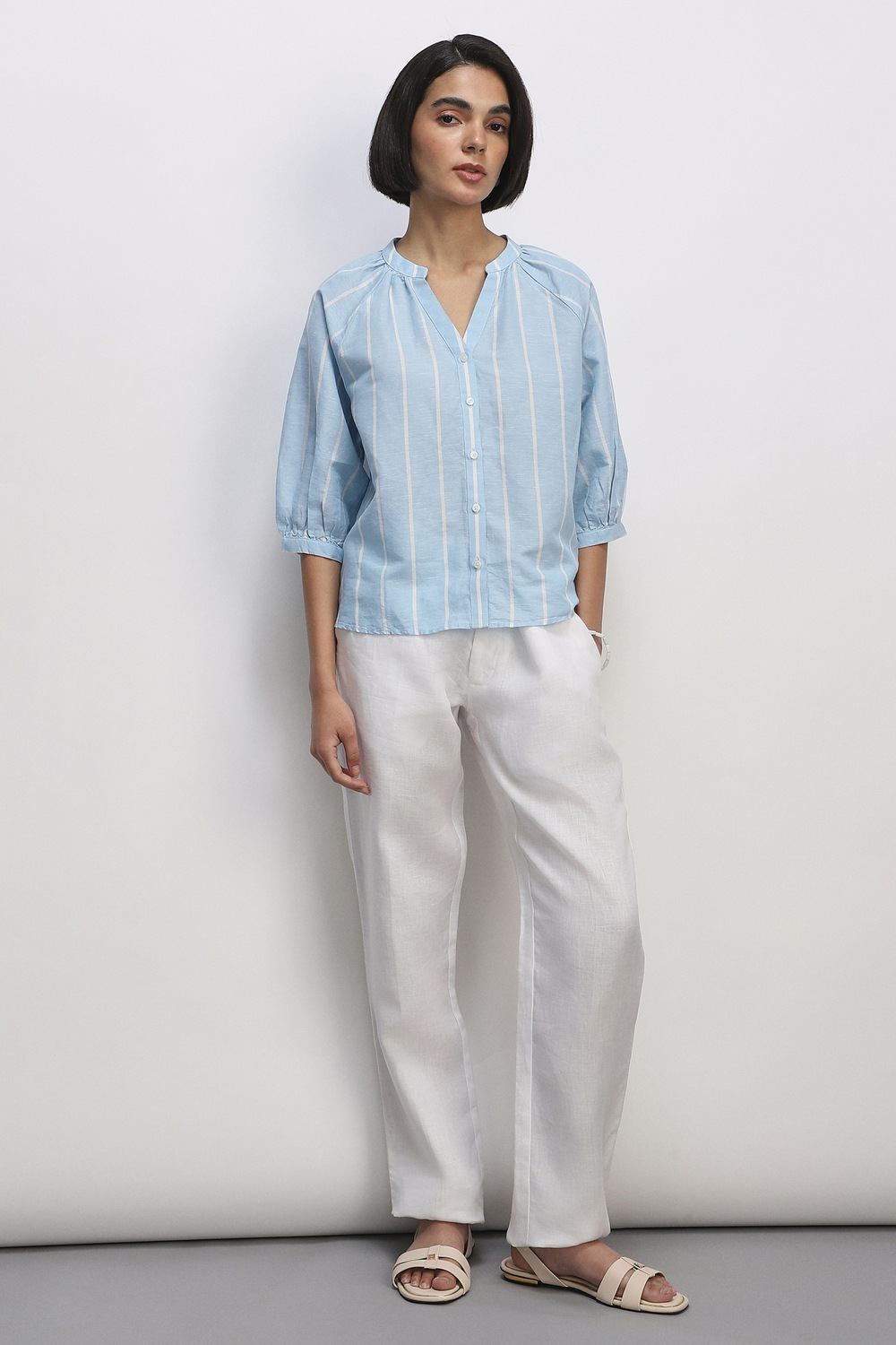 Women Light Blue Stripe Casual Top