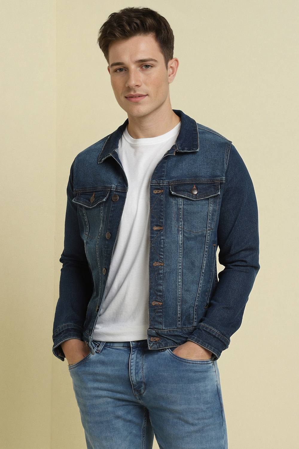 Men Blue Solid Full Sleeves Casual Jacket