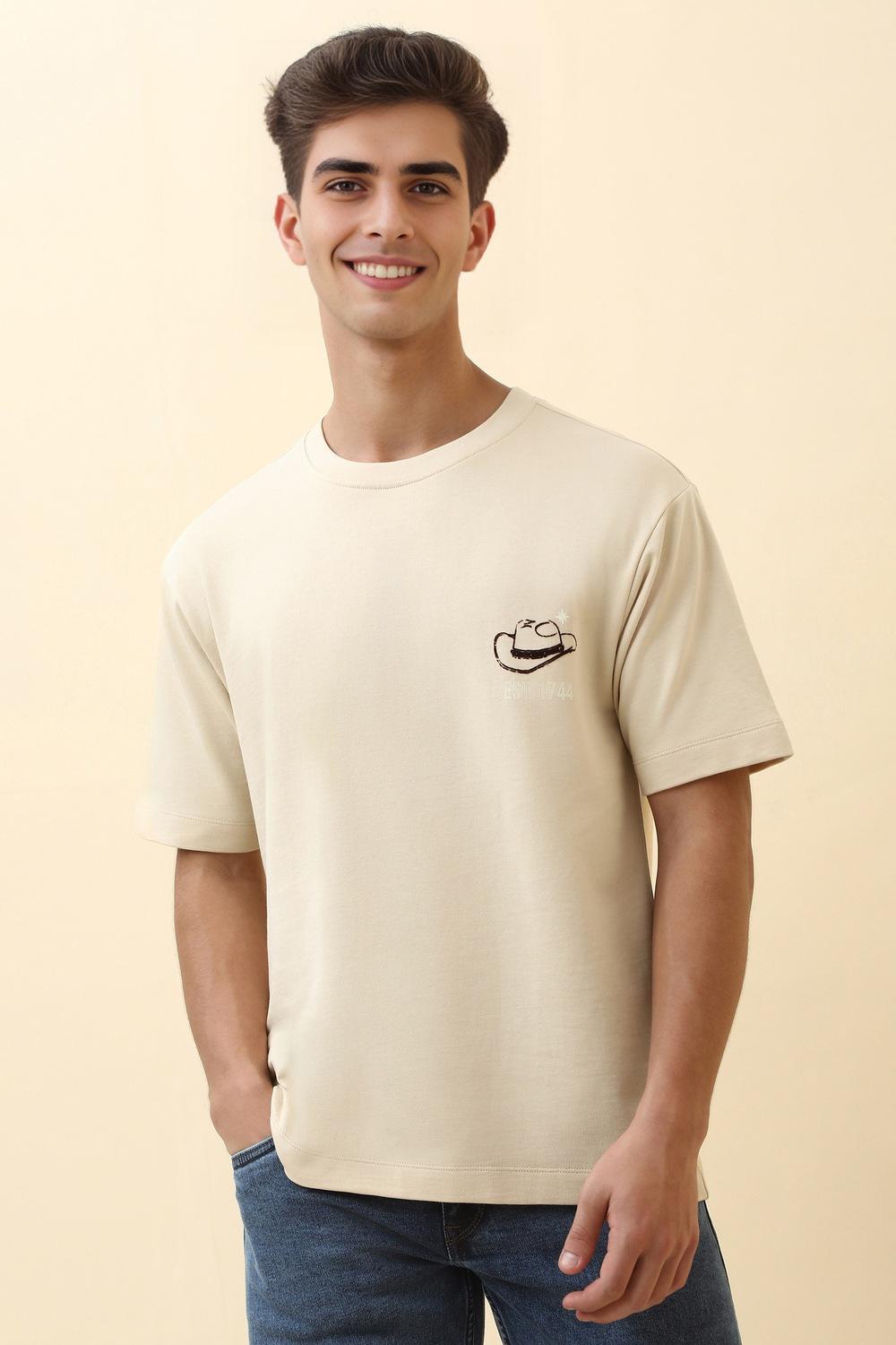 Men Beige Graphic Print Crew Neck T-shirt