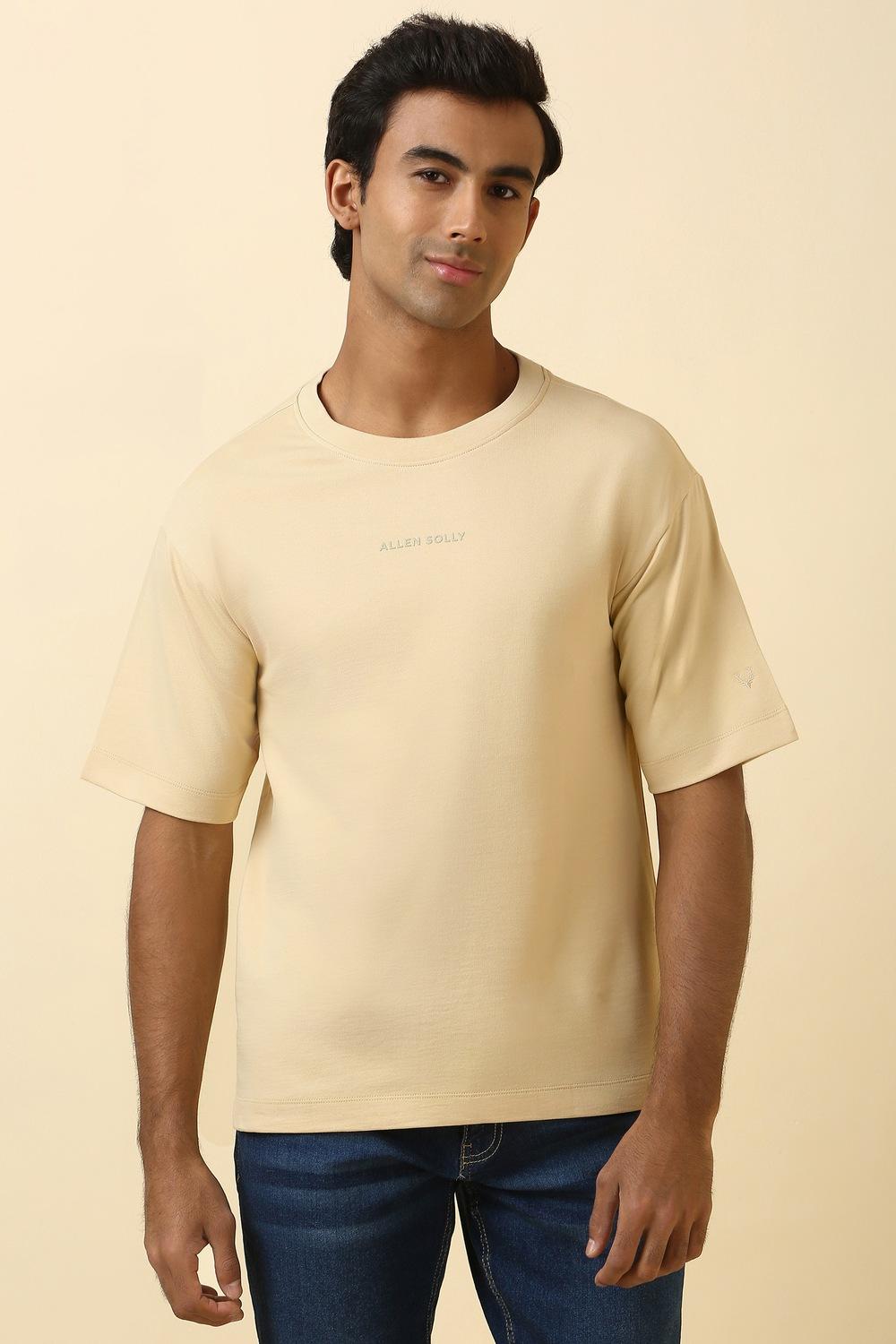 Men Beige Solid Crew Neck T-shirt