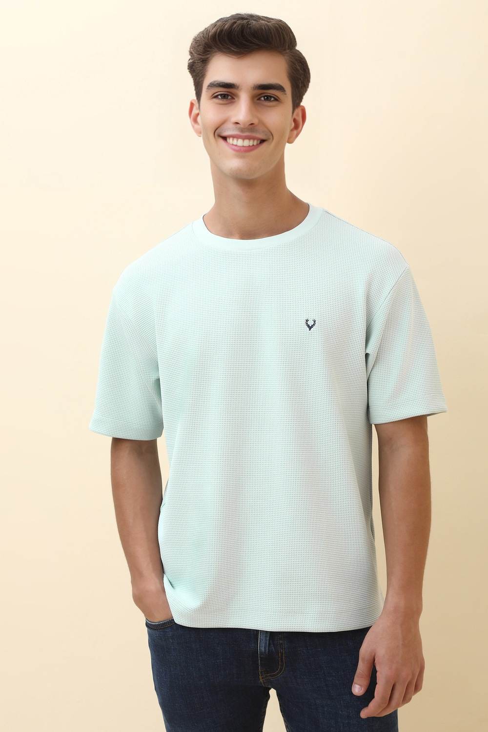 Men Light Blue Textured Crew Neck T-shirt