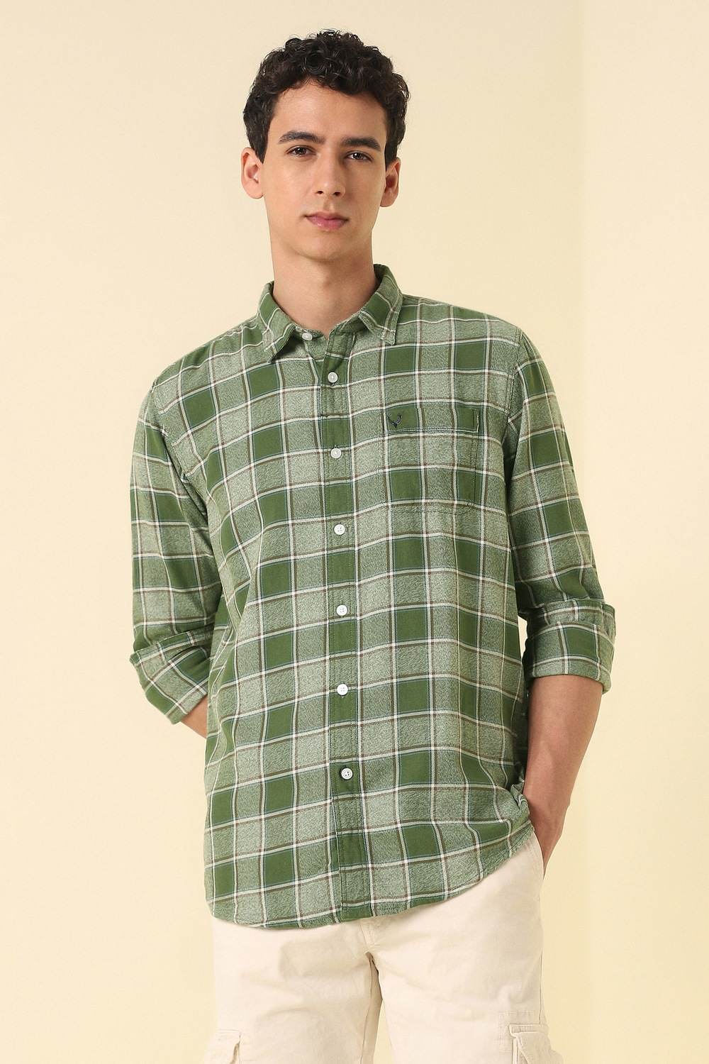 Men Olive Check Full Sleeves Casual Shirt
