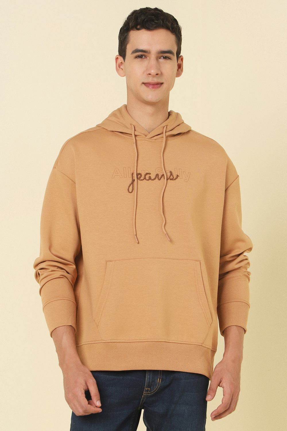 Men Beige Hooded Neck Full Sleeves Casual Sweatshirt