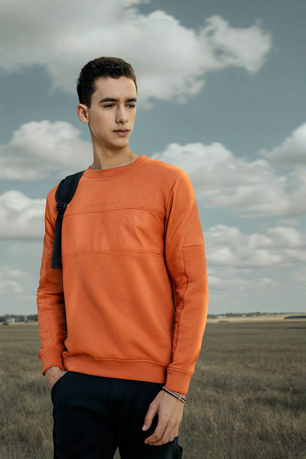 Men Orange Crew Neck Full Sleeves Casual Sweatshirt