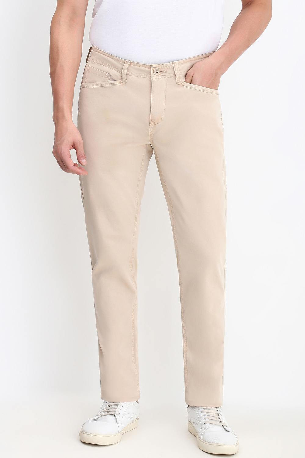 Men Beige Contemporary Fit Solid Casual Trousers