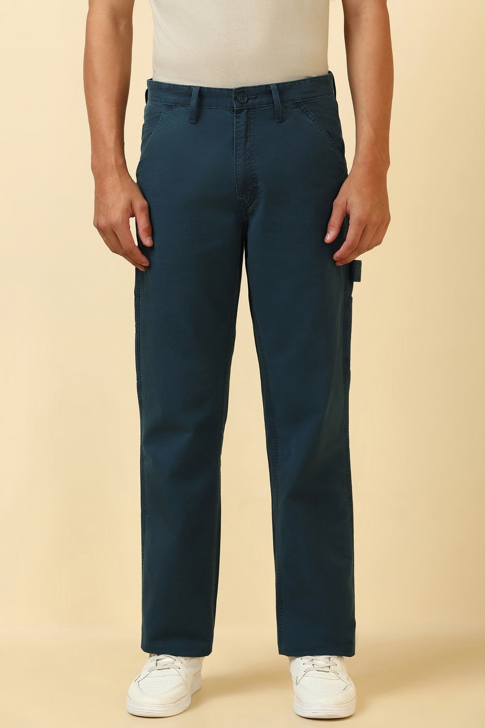 Men Navy Solid Casual Trousers